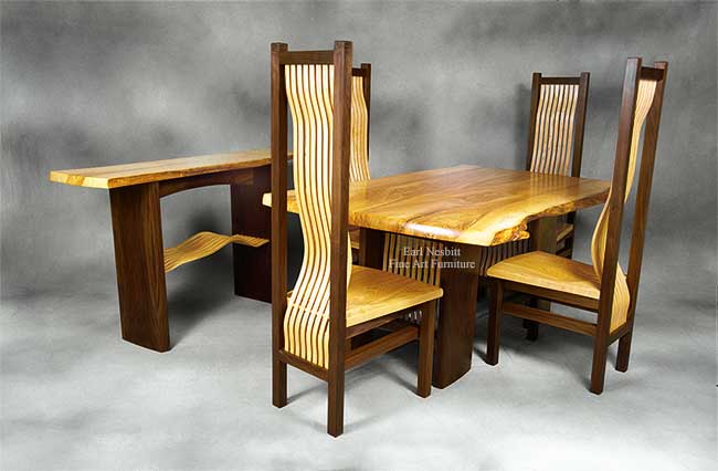 ash slab table with four chairs and hall table